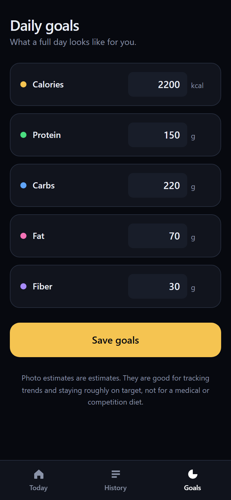 MacroSnap Daily goals screen with calorie, protein, carb, fat and fiber targets