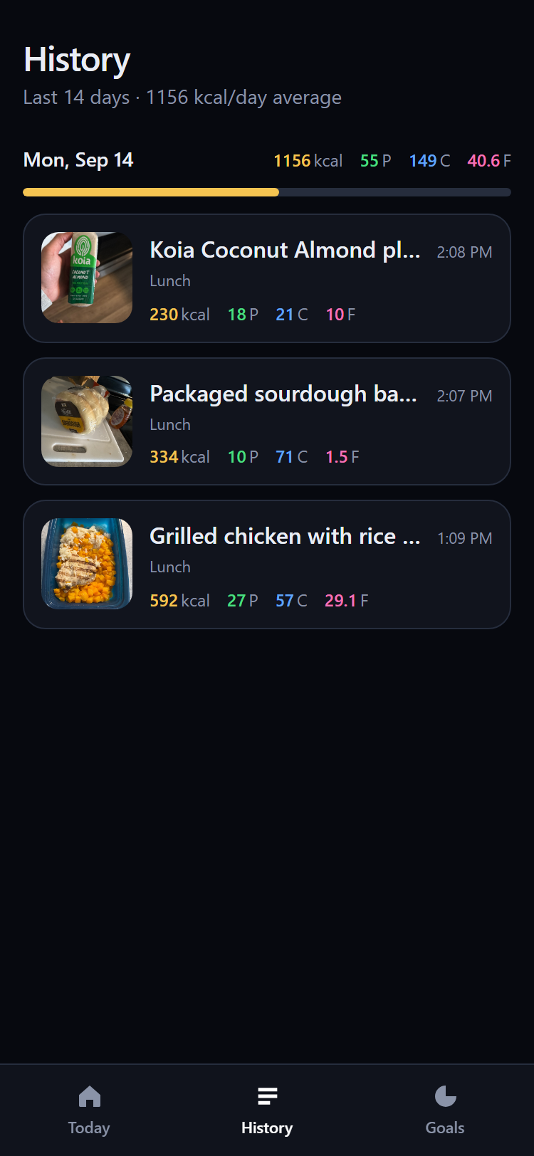 MacroSnap History screen showing Monday September 14 at 1156 kcal with three logged meals and their photos