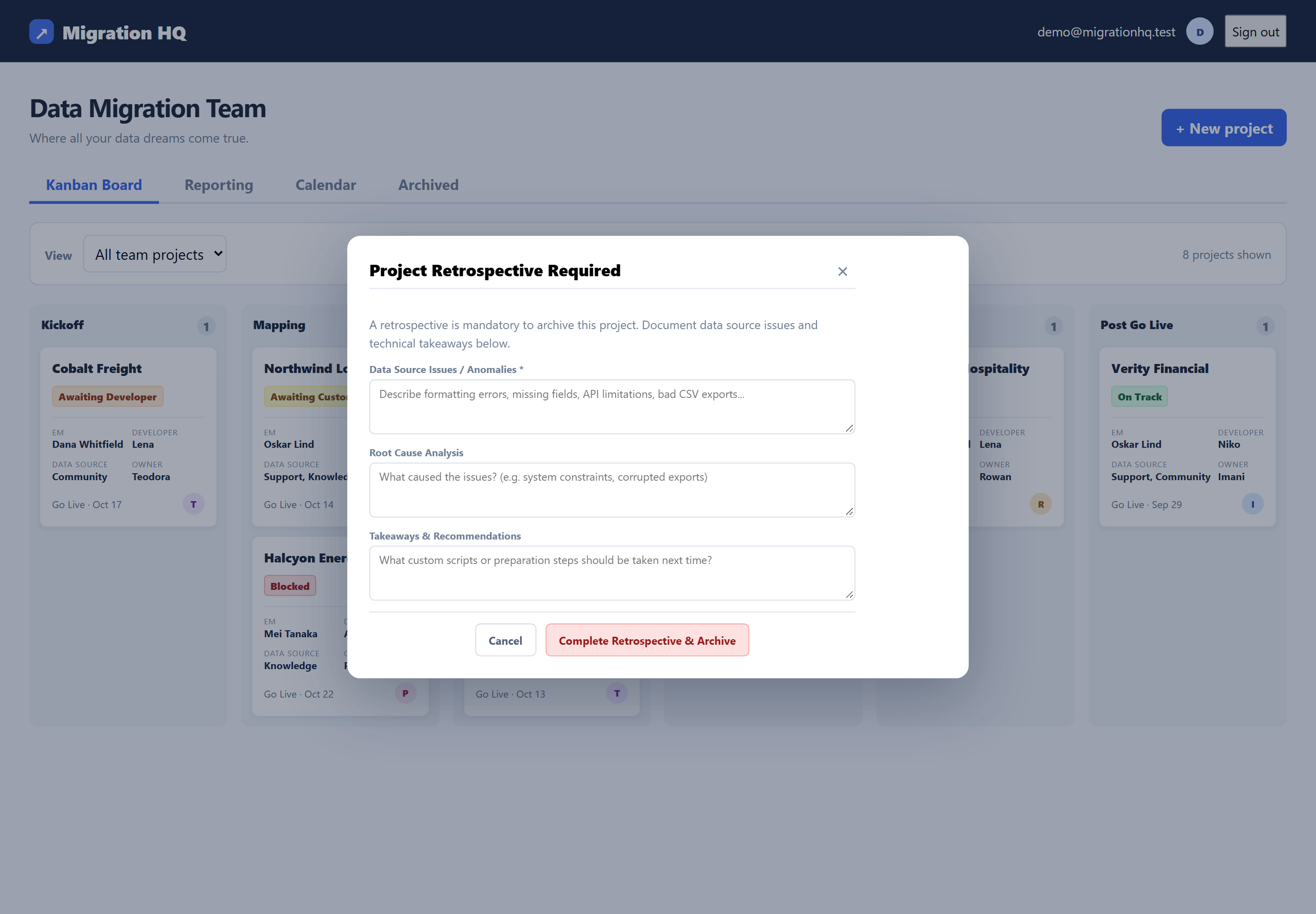 Project Retrospective Required modal with required data-source issues field, root cause analysis and takeaways, and a Complete Retrospective and Archive button