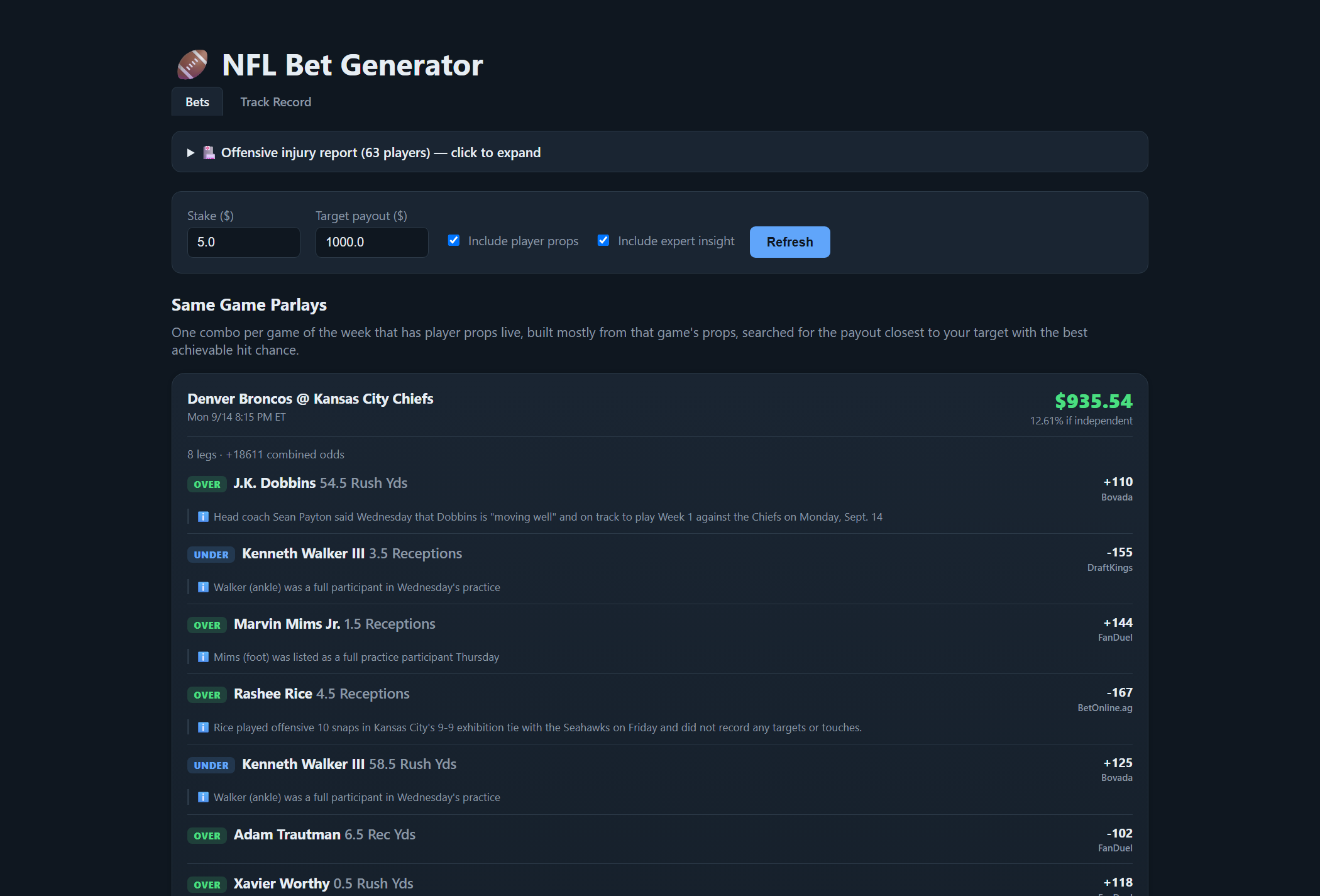 NFL Bet Generator dashboard showing a Broncos at Chiefs same-game parlay with eight annotated player-prop legs