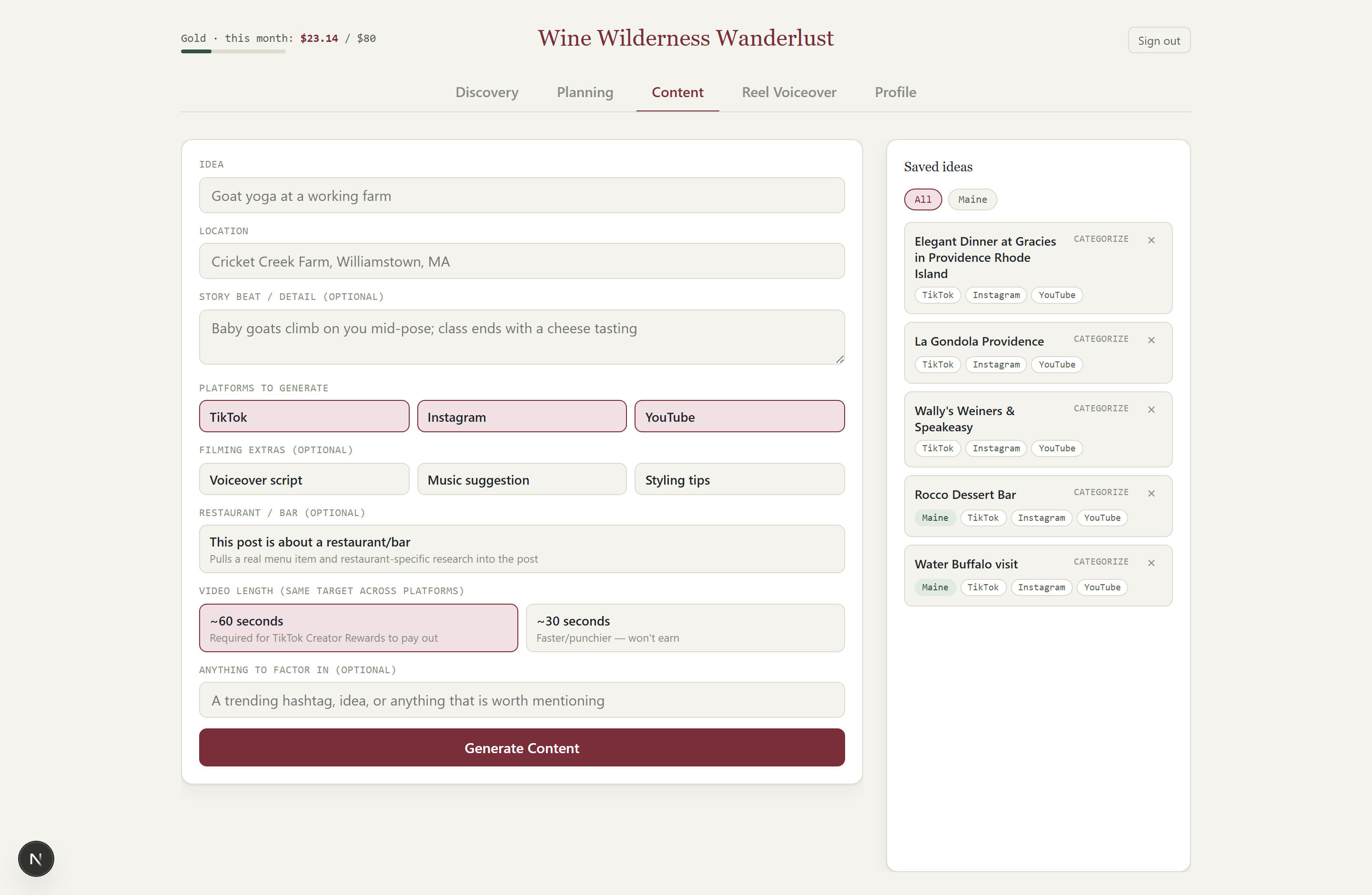 Wanderlust Content Engine Content tab with an idea, location, story beat, three platform toggles and filming extras