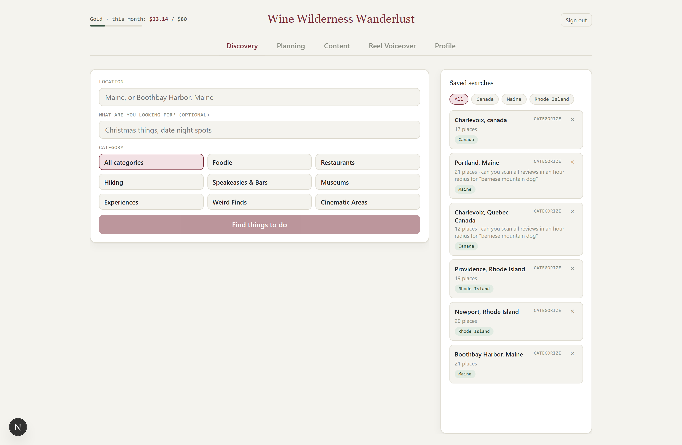 Discovery tab with location and category pickers beside a sidebar of saved searches and their place counts