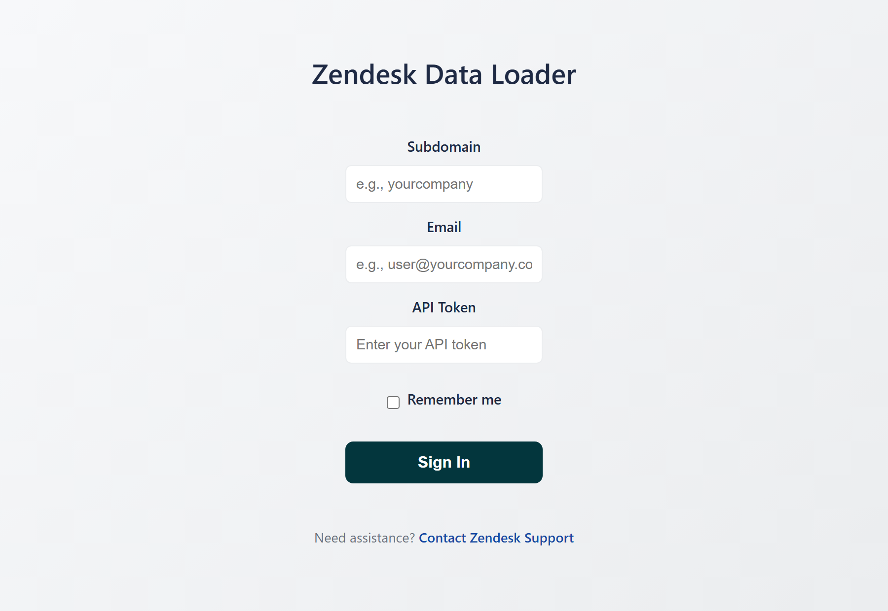Zendesk Data Loader sign-in screen with subdomain, email and API token fields