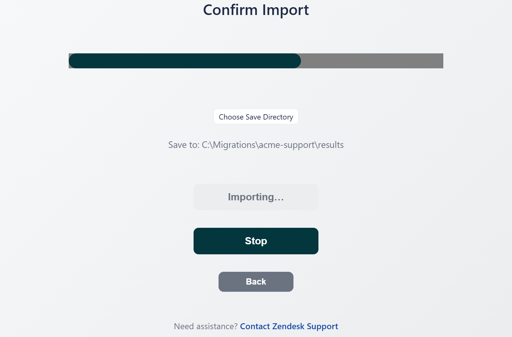 Confirm Import screen with a progress bar part-way through, a save location and an active Stop button